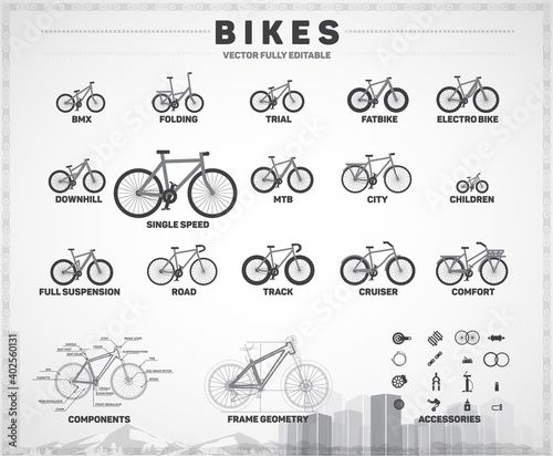 Bicycles various types and accessories.