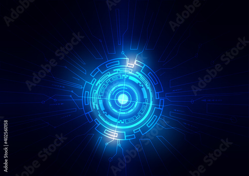 Futuristic transfer digital data network to center. blue circle abstract background.