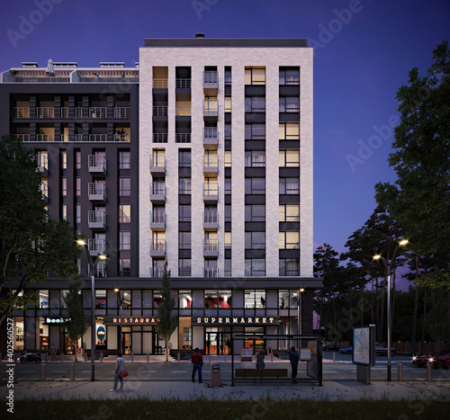 3d rendering of a modern multistory city building with restaurants and shops in the evening