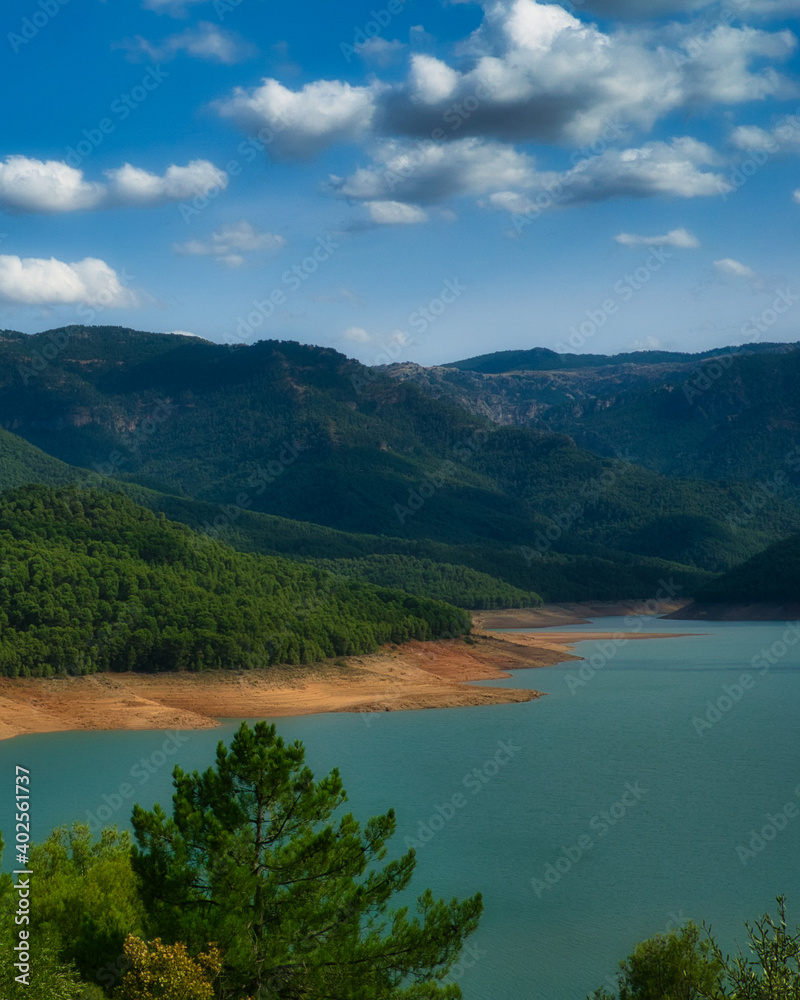 beautiful landscape The Tranco lake in the forest, Cazorla, Spain