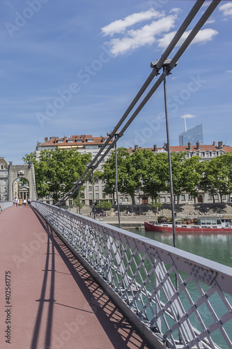 Принти на полотні Old Gateway College bridge (Passerelle du College, 1845) - bridge over Rhone river at the city Lyon, Rhone-Alpes, France