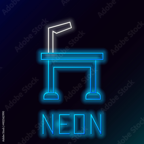 Glowing neon line Pet grooming table icon isolated on black background. Colorful outline concept. Vector.