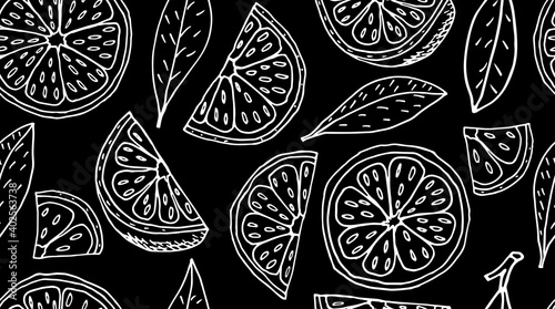 Seamless pattern. Slice and quarter of lemon fruit and leaves on black background. Vector illustration.