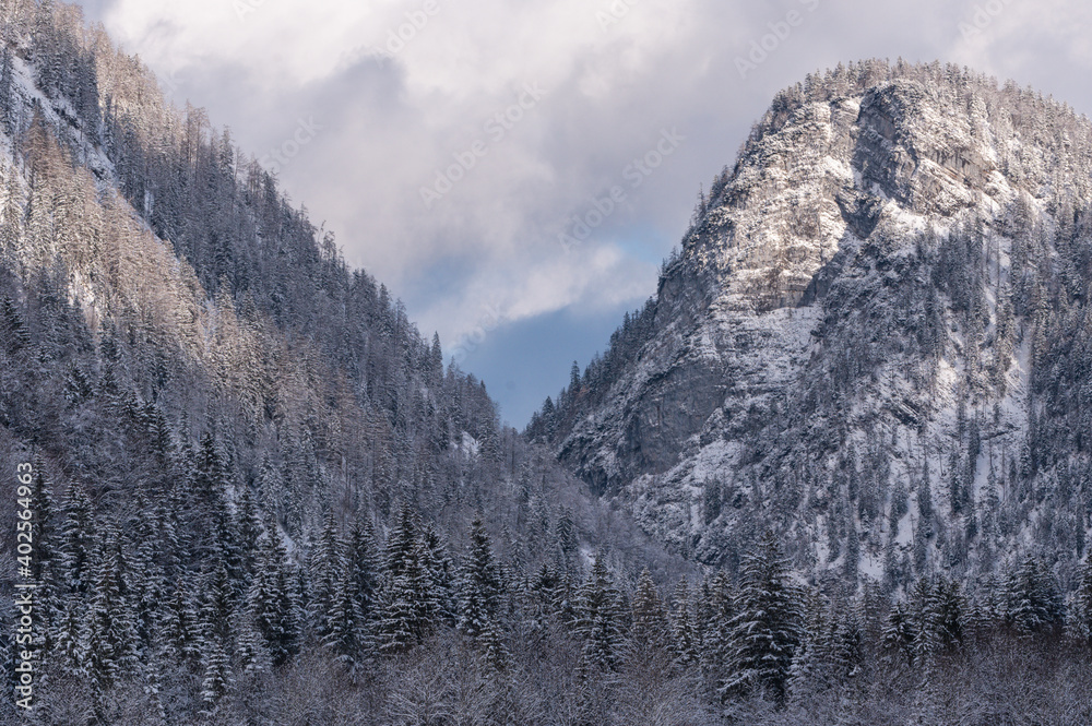 Verschneite Berge im Chiemgau  mit Bergwald blauem Himmel und Wolken