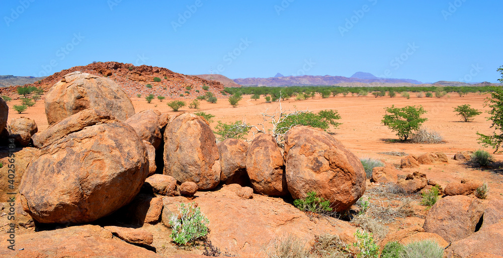 Damaraland area in Namibia, a mountainous arid area formed from large boulders in Africa Damaraland area in Namibia, a mountainous arid area formed from large boulders in Africa