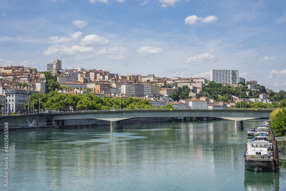 Panoramic view of Lyon above the Rhone River. Lyon, Auvergne-Rhone-Alpes, France.
