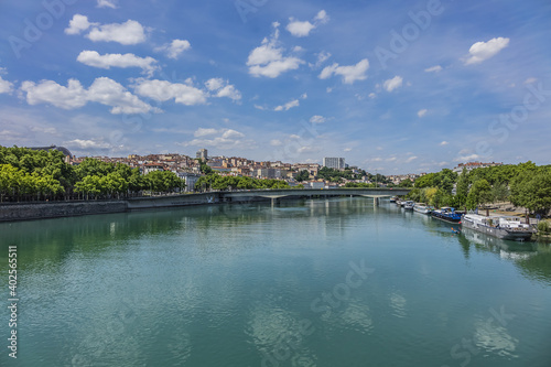 Panoramic view of Lyon above the Rhone River. Lyon, Auvergne-Rhone-Alpes, France.