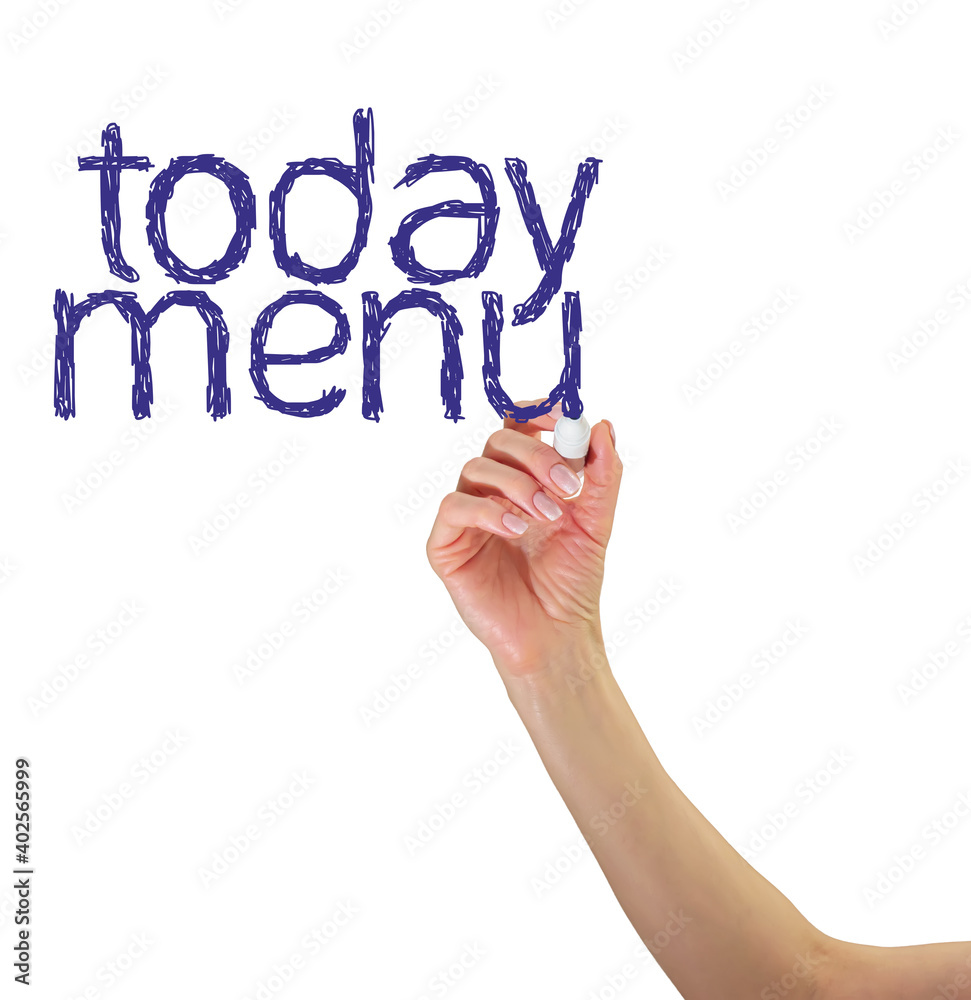 Female hand is writing at blank transparent whiteboard today menu. Female hand is writing at blank transparent whiteboard today menu.