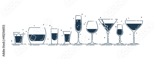 Fotografie, Obraz Glassware vodka whiskey rum tequila liquor red wine vermouth martini champagne beer line art in row in flat style