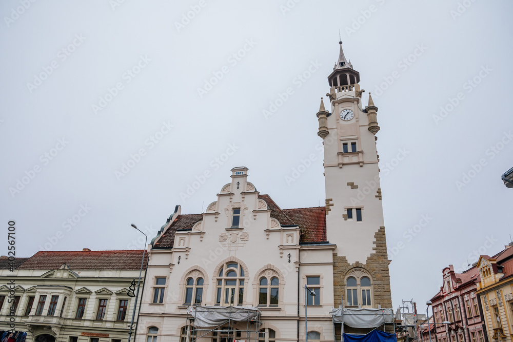 Art Nouveau Lovosice Town Hall at Wenceslas square in winter day, Lovosice, Bohemia, Czech Republic