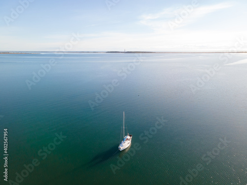 Aerial View of Sailboat at Anchor near Cape Lookout, North Carolina