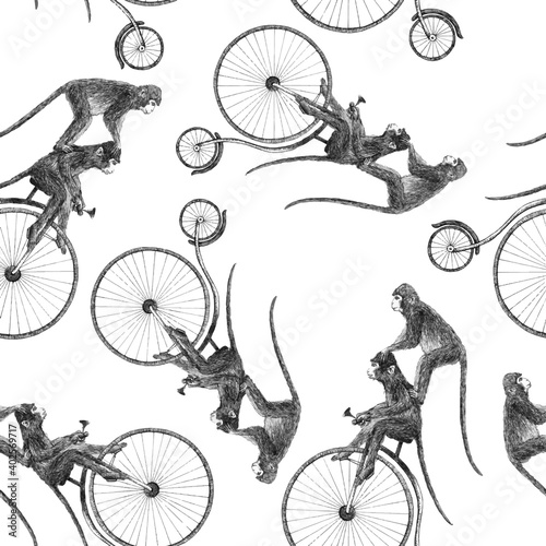 Beautiful vector stock seamless pattern with cute hand drawn monkey on bike pencil illustrations.