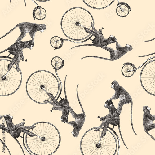 Beautiful vector stock seamless pattern with cute hand drawn monkey on bike pencil illustrations.