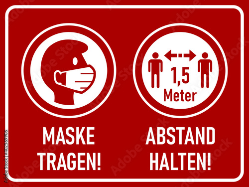 Maske tragen (Wear a Mask) and Abstand halten (Keep Your Distance) 1.5 Metres or 1.5 m Horizontal Warning Sign in German including Text and Instruction Icons. Vector Image.