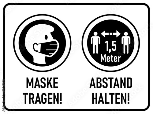 Maske tragen (Wear a Mask) and Abstand halten (Keep Your Distance) 1.5 Metres or 1.5 m Horizontal Warning Sign in German including Text and Instruction Icons. Vector Image.