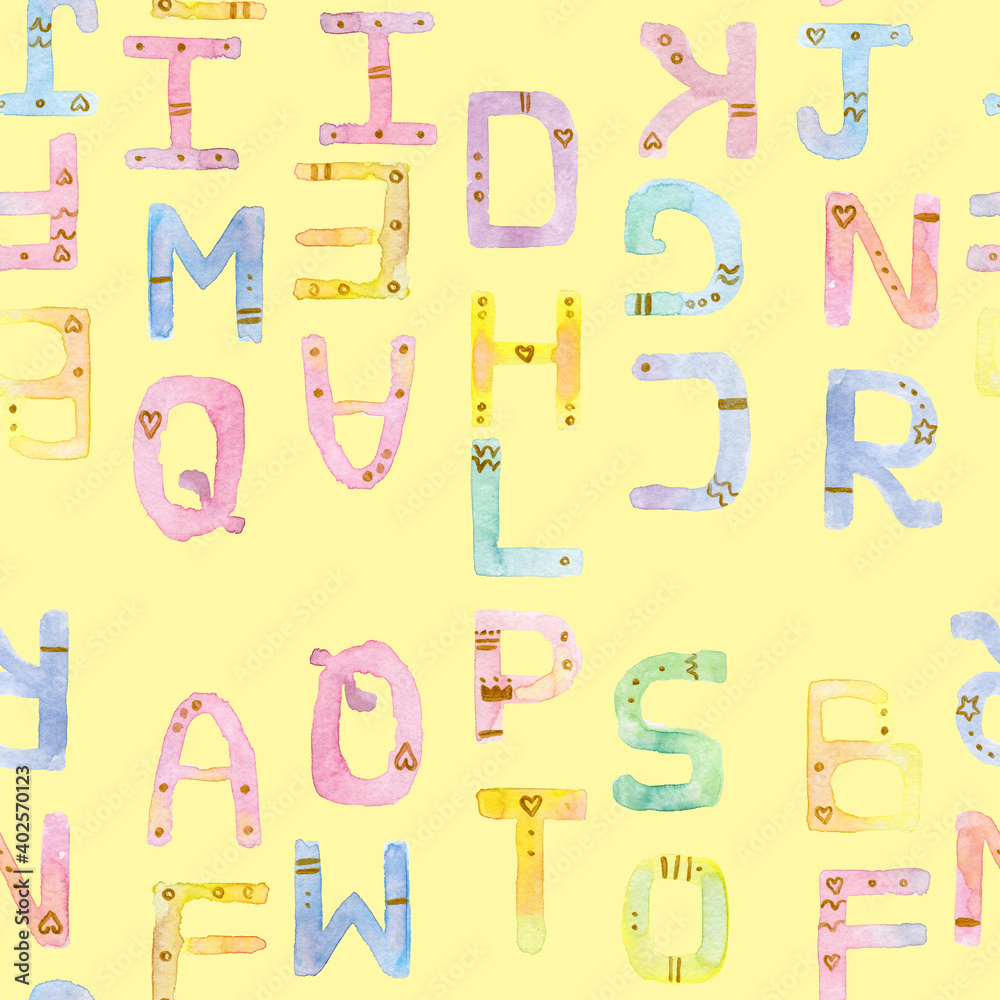 School letters and numbers Watercolor seamless pattern School letters and numbers Watercolor seamless pattern