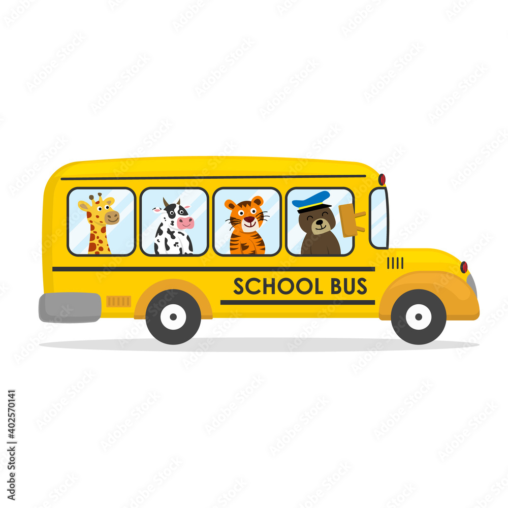 cute cartoon school bus with animal giraffe, cow, tiger and bear