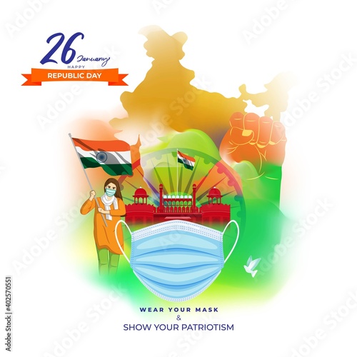 Vector banner of Happy Republic day, 26 january, national holiday of India, abstract India flag, ashoka chakra, soldiers, flag hoisting ,template for website and social media.