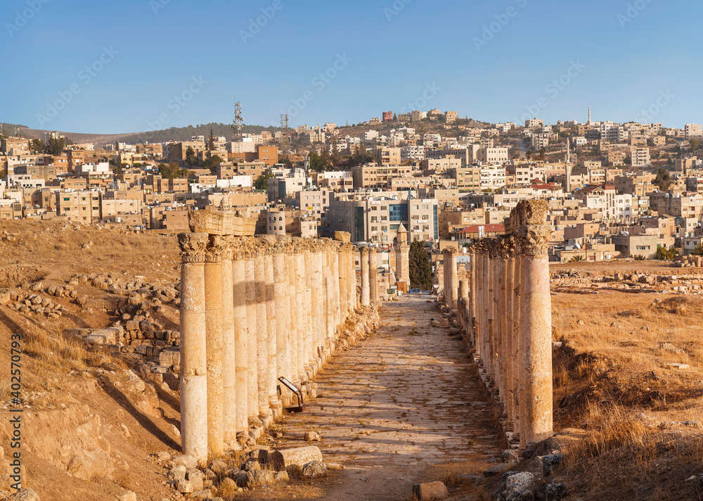 Street South Decumanus in the ancient greco-roman city of Gerasa and the modern city Jerash in the background, Jordan.