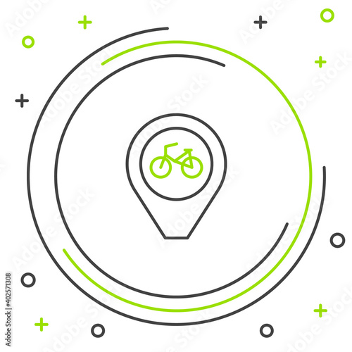 Line Map pointer with bicycle icon isolated on white background. Colorful outline concept. Vector.