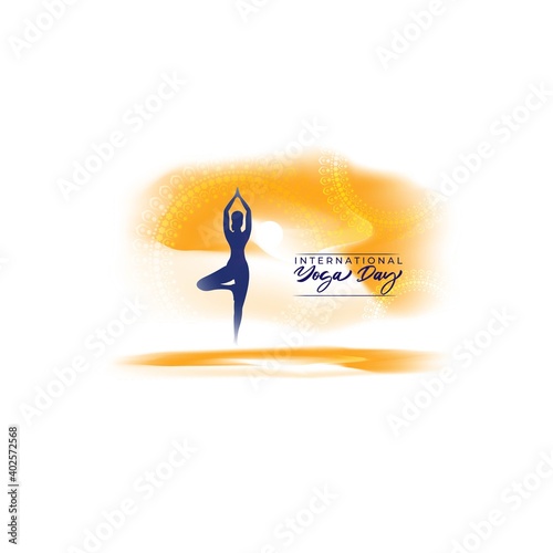 Vector illustration of International Yoga day concept banner, 21 June. Lady doing yoga asana silhouette on abstract sunny background.