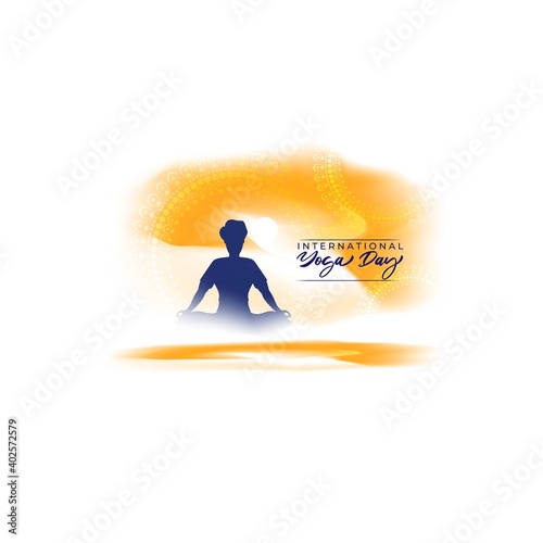 Vector illustration of International Yoga day concept banner, 21 June. Man doing yoga asana silhouette on abstract sunny background.