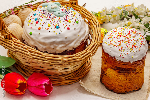 Easter cakes on white putty background. Traditional Orthodox festive bread