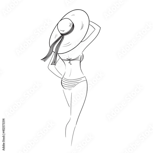 A young woman in a swimsuit and a straw hat stands with her back. Black and white outline isolated on white background.Hello summer.Linear beautiful female figure in lingerie and swimsuit.