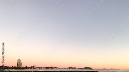 The view of Palm Beach from Currumbin as the sun rises on a winters day on the Gold Coast