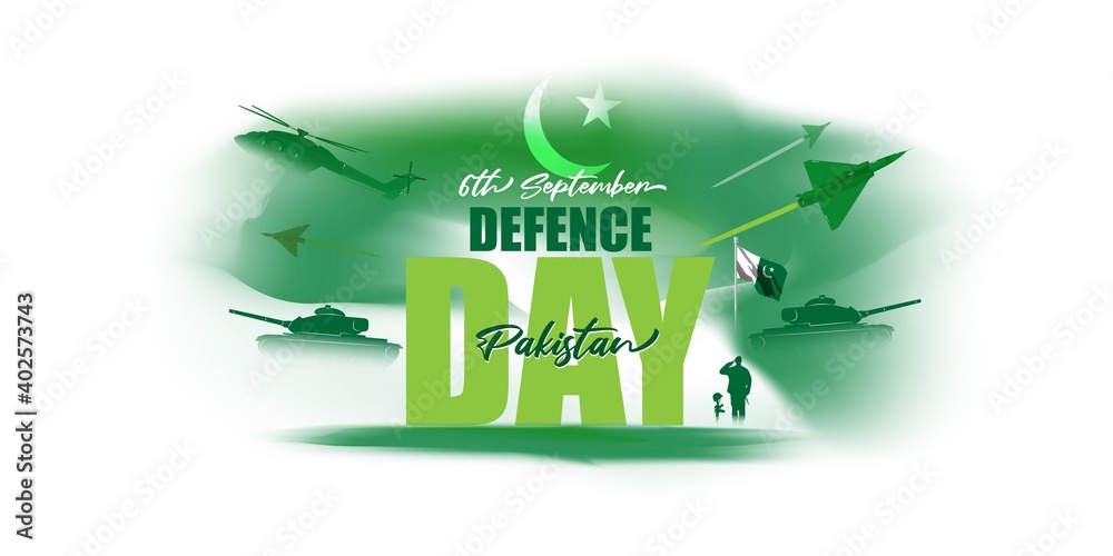 Vector illustration of Pakistan defence day, 6th september, pakistan flag, soldier with rifle and helmet, airforce craft and army tank.
