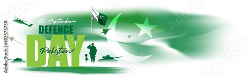 Vector illustration of Pakistan defence day, 6th september, pakistan flag, soldier with rifle and helmet, airforce craft and army tank.