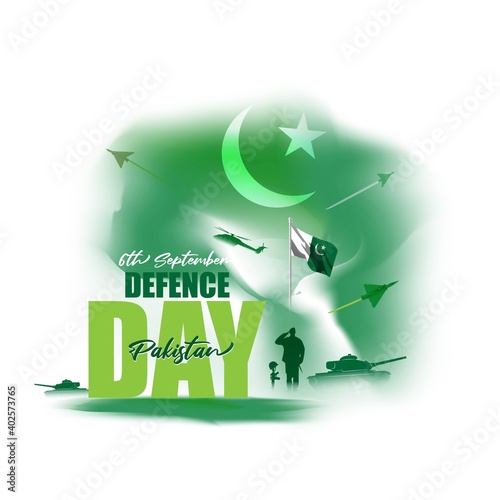 Vector illustration of Pakistan defence day, 6th september, pakistan flag, soldier with rifle and helmet, airforce craft and army tank.