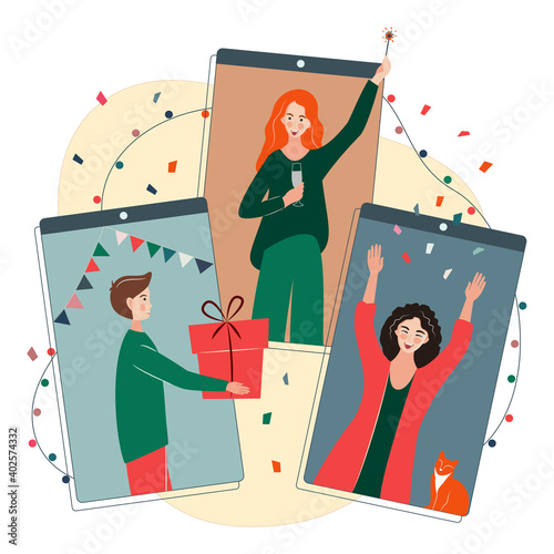 People celebrate Christmas or New year or birthday online. Friends meeting via internet using phone during coronavirus outbreak; celebrating holidays together, drinking champagne, exchanging gifts