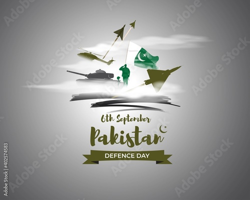 Vector illustration of Pakistan defence day, 6th september, pakistan flag, soldier with rifle and helmet, airforce craft and army tank.