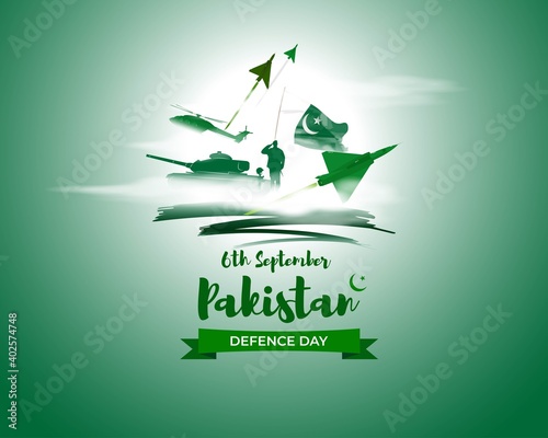 Vector illustration of Pakistan defence day, 6th september, pakistan flag, soldier with rifle and helmet, airforce craft and army tank.