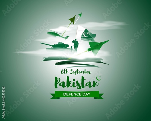 Vector illustration of Pakistan defence day, 6th september, pakistan flag, soldier with rifle and helmet, airforce craft and army tank.