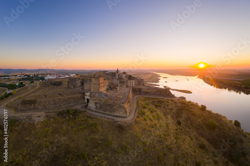 Juromenha castle, village and Guadiana river drone aerial view at sunrise in Alentejo, Portugal photo