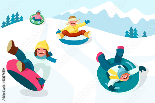 Winter outdoor activities. Cheerful boys and girls slide down the hill on snow tubing. Cartoon vector illustration © Veronika