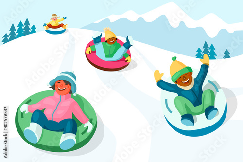 Cheerful children slide down the snow tubing hill. Cartoon vector illustration © Veronika