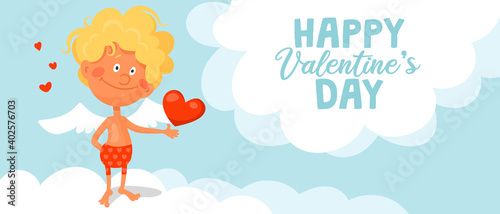 A cute funny cupdon stands on a cloud and holds a heart in his hands. Happy valentine's day cartoon vector banner or card