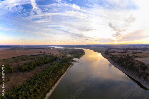 Guadiana drone aerial view of the border between Portugal and Spain in Juromenha Alentejo, in Portugal © Luis