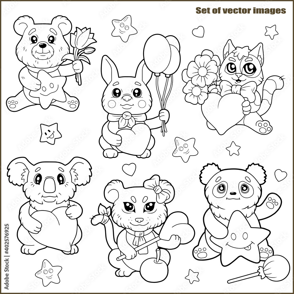 cute cartoon animals, coloring book, funny images set