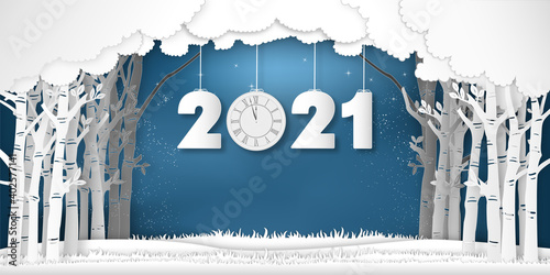 Paper art, cut and digital craft style of snow wintry season with trees as Merry Christmas and Happy New Year 2021 concept. vector illustration