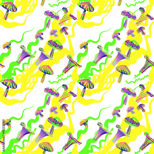 the modern trend of magic mushrooms. a line of artistic mushrooms from karakul . seamless pattern. EPS 10. For printing, booklets, prints, factory, clothing