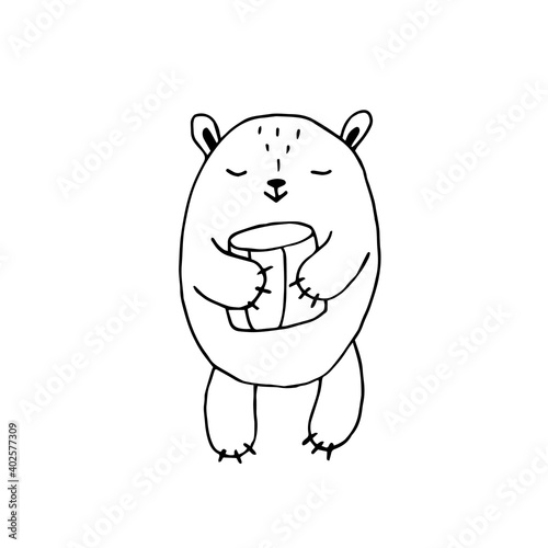 Bear with a barrel of honey in its paws. Vector hand-drawn doodle illustration. Black and white outline. Coloring.