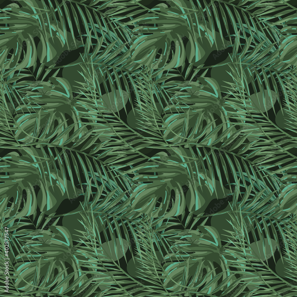 modern seamless pattern of tropical jungle plants and sentries. Complex shades of green. Spring and summer design is perfect for printing booklets, prints, factories, clothing. EPS10