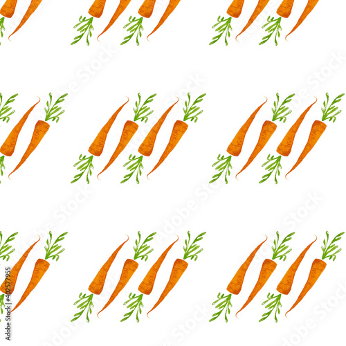 Seamless carrots pattern on white background, each row divided by green dots, hand painted watercolor on paper