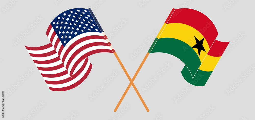 Crossed and waving flags of the USA and Ghana Crossed and waving flags of the USA and Ghana