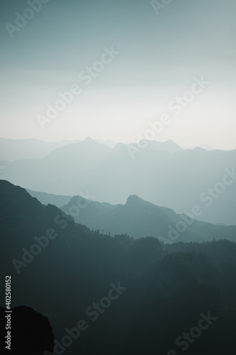 Blue mountain layer of the alps. Silhouette of mountain layer. Alps, Austria, Europe