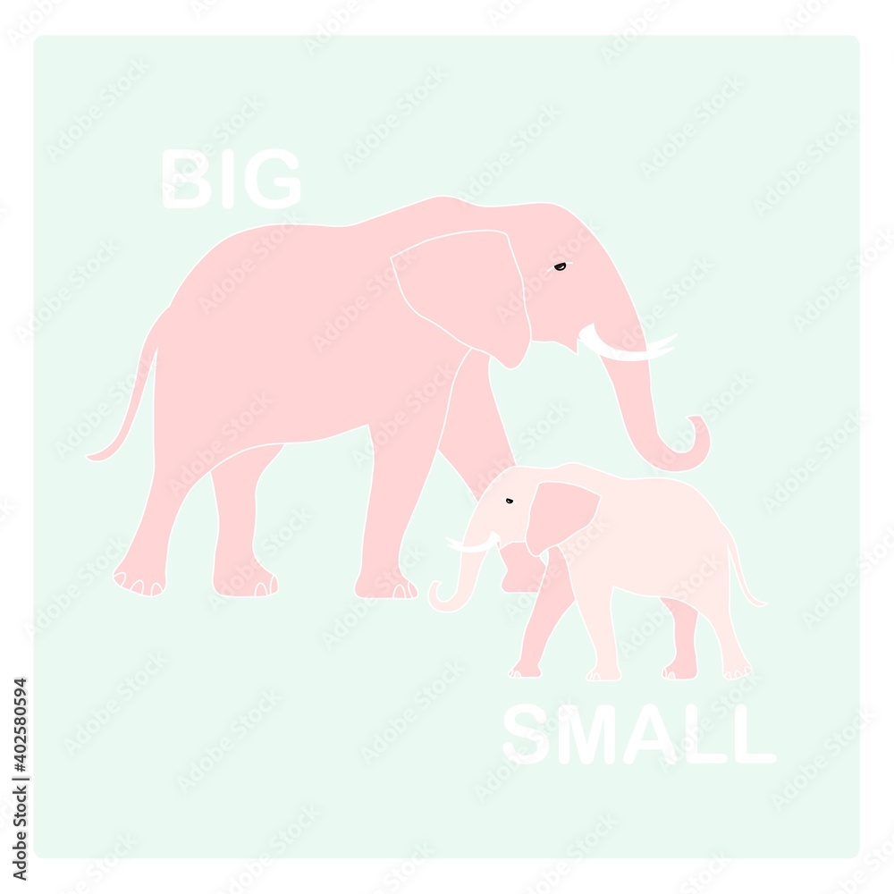 Big and small opposite adjective vector illustration for english lesson education pink elephan